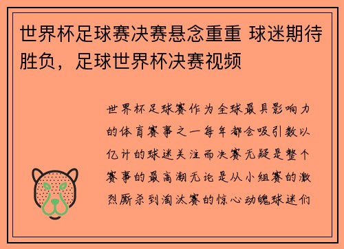 世界杯足球赛决赛悬念重重 球迷期待胜负，足球世界杯决赛视频