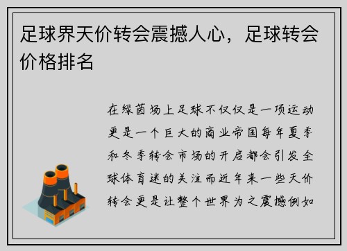 足球界天价转会震撼人心，足球转会价格排名
